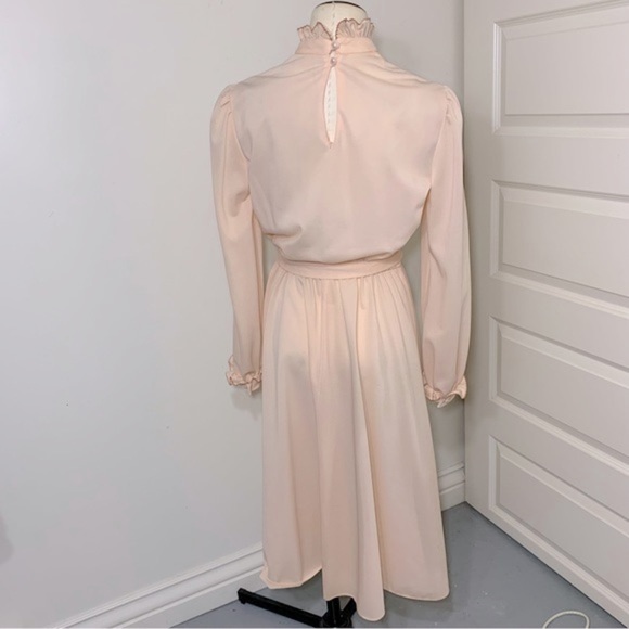 VINTAGE 70s Pink Prairie Dress Cottage Secretary Ruffle Neck Long Sleeves S/M - Picture 12 of 13